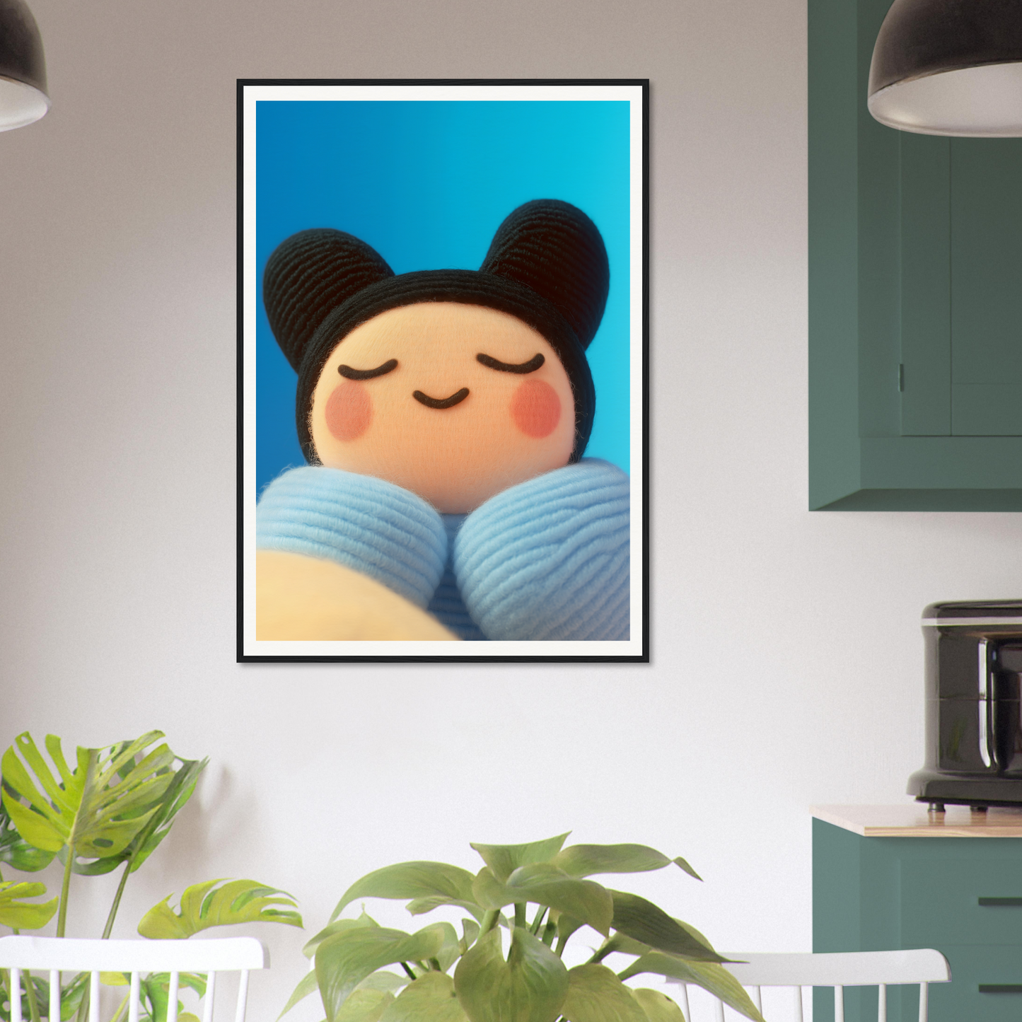 Framed wall art of plush figure with a blue sky background, adding whimsy and joy to stylish home decor.