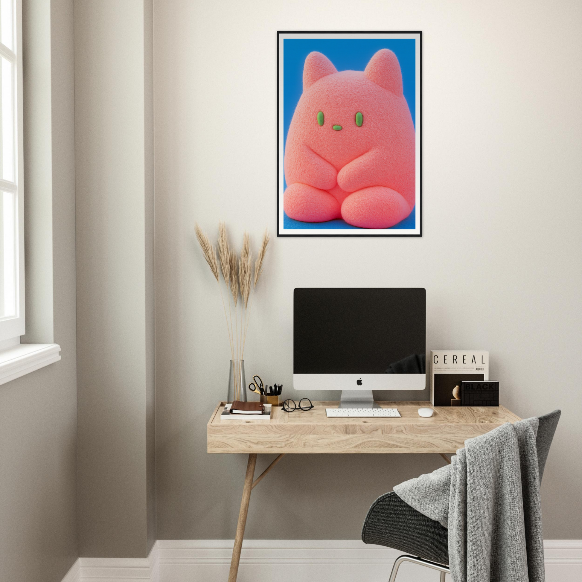 "Plush Pink Cosmos wall art adorning a stylish home office, showcasing cool room decor with cheerful sophistication."