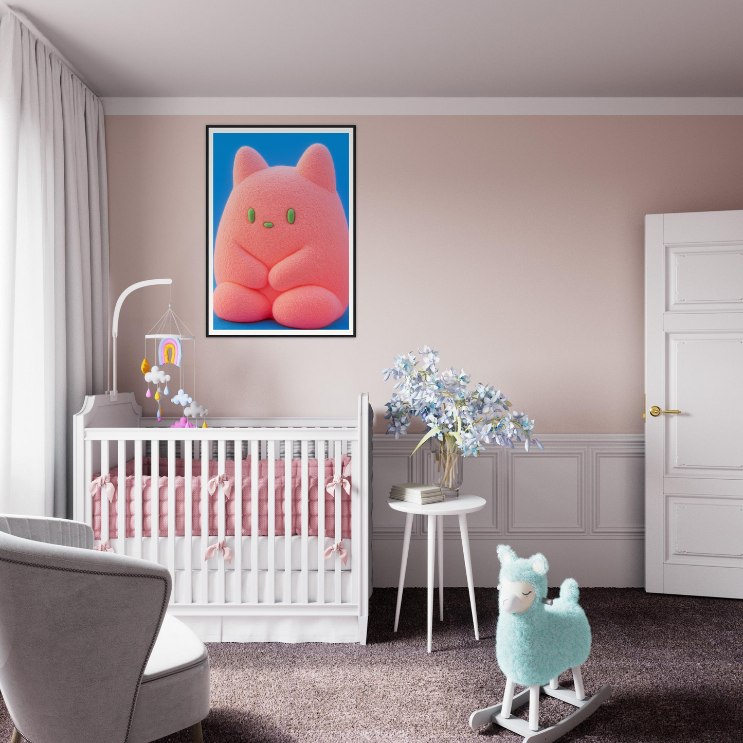 "Plush Pink Cosmos wall art in modern nursery, enhancing home decor with whimsical style and cool room decor appeal."