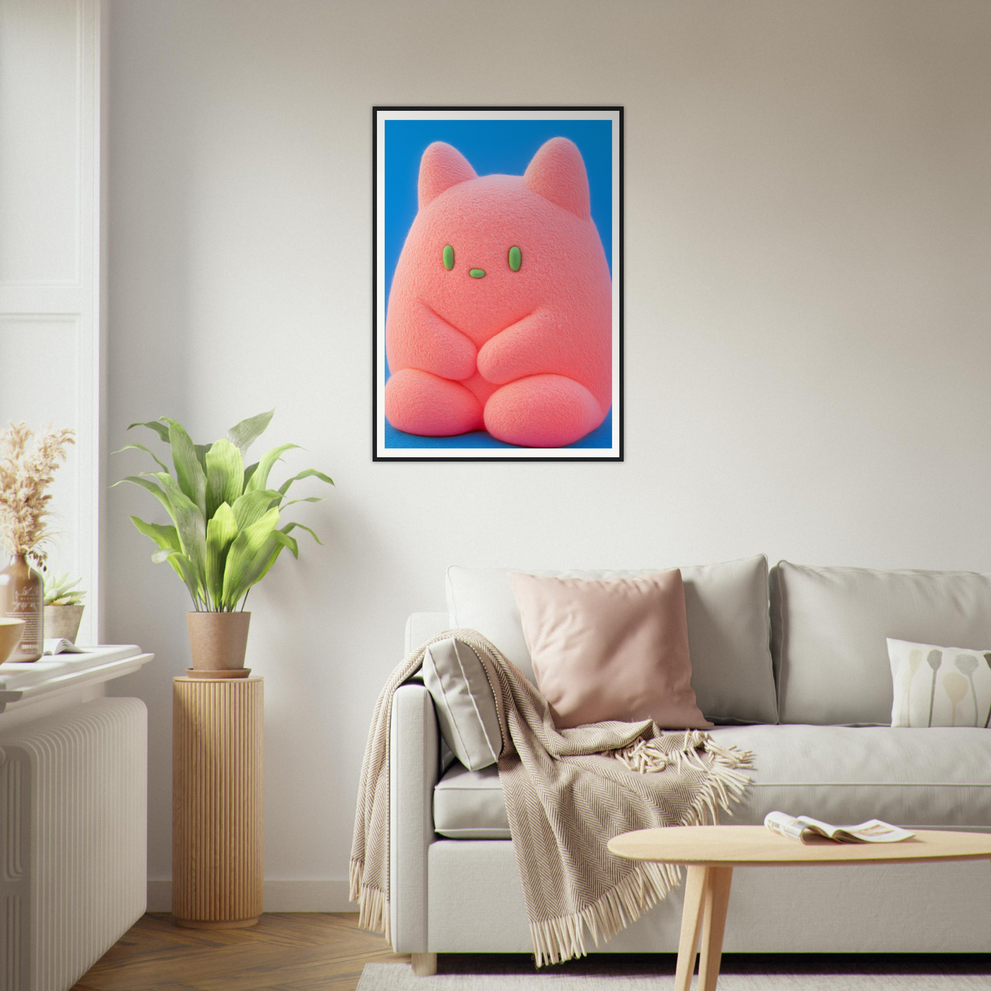 Plush Pink Cosmos wall art featuring a cute, whimsical character, perfect for stylish home decor and cool room decor.