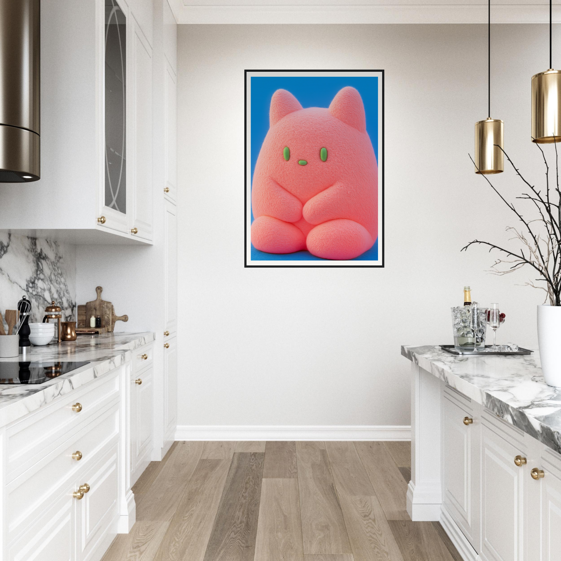 Plush Pink Cosmos wall art in elegant kitchen setting, featuring a whimsical character, enhancing home decor with cool style.