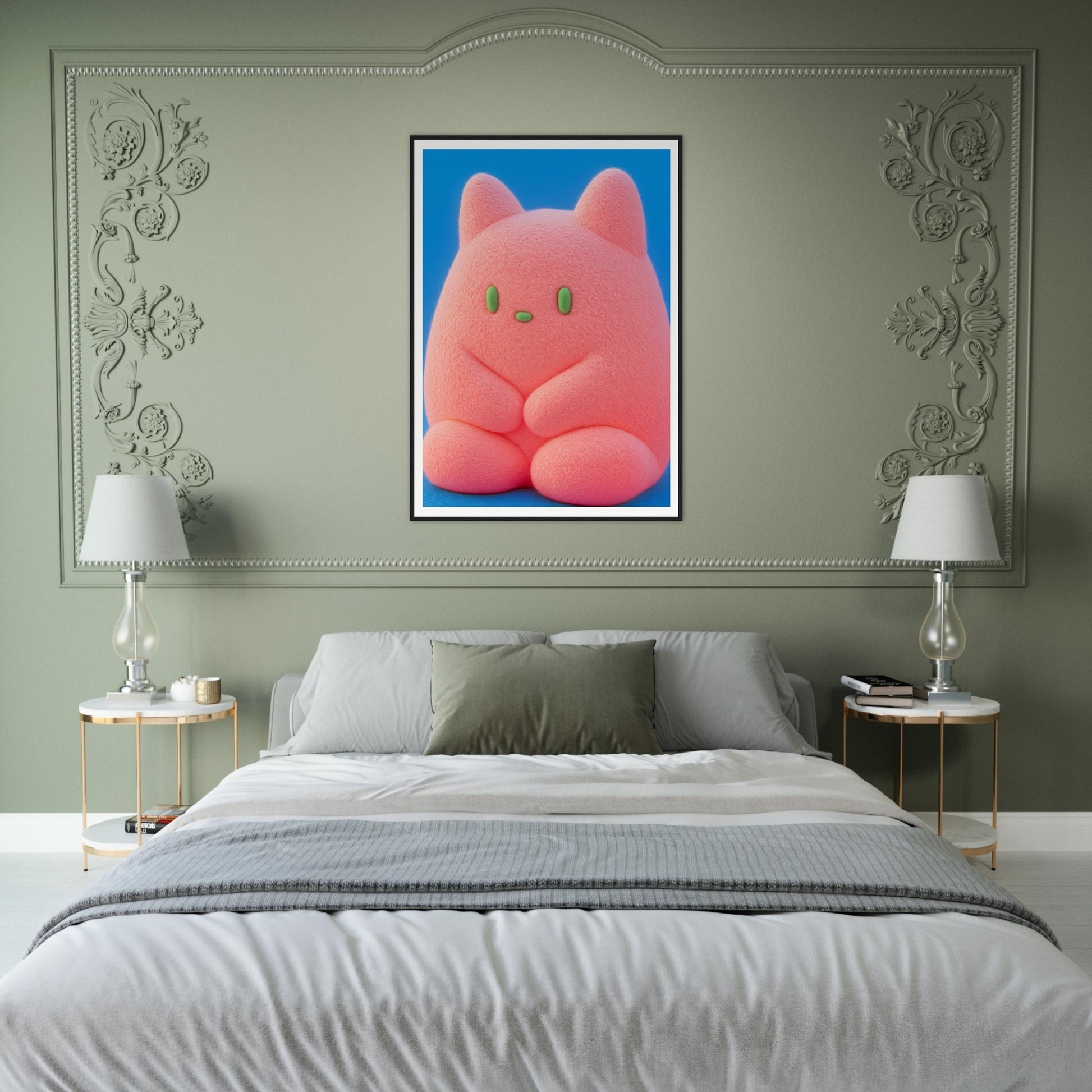 Plush Pink Cosmos wall art in an elegant bedroom setting, featuring whimsical character design, perfect for cool home decor.