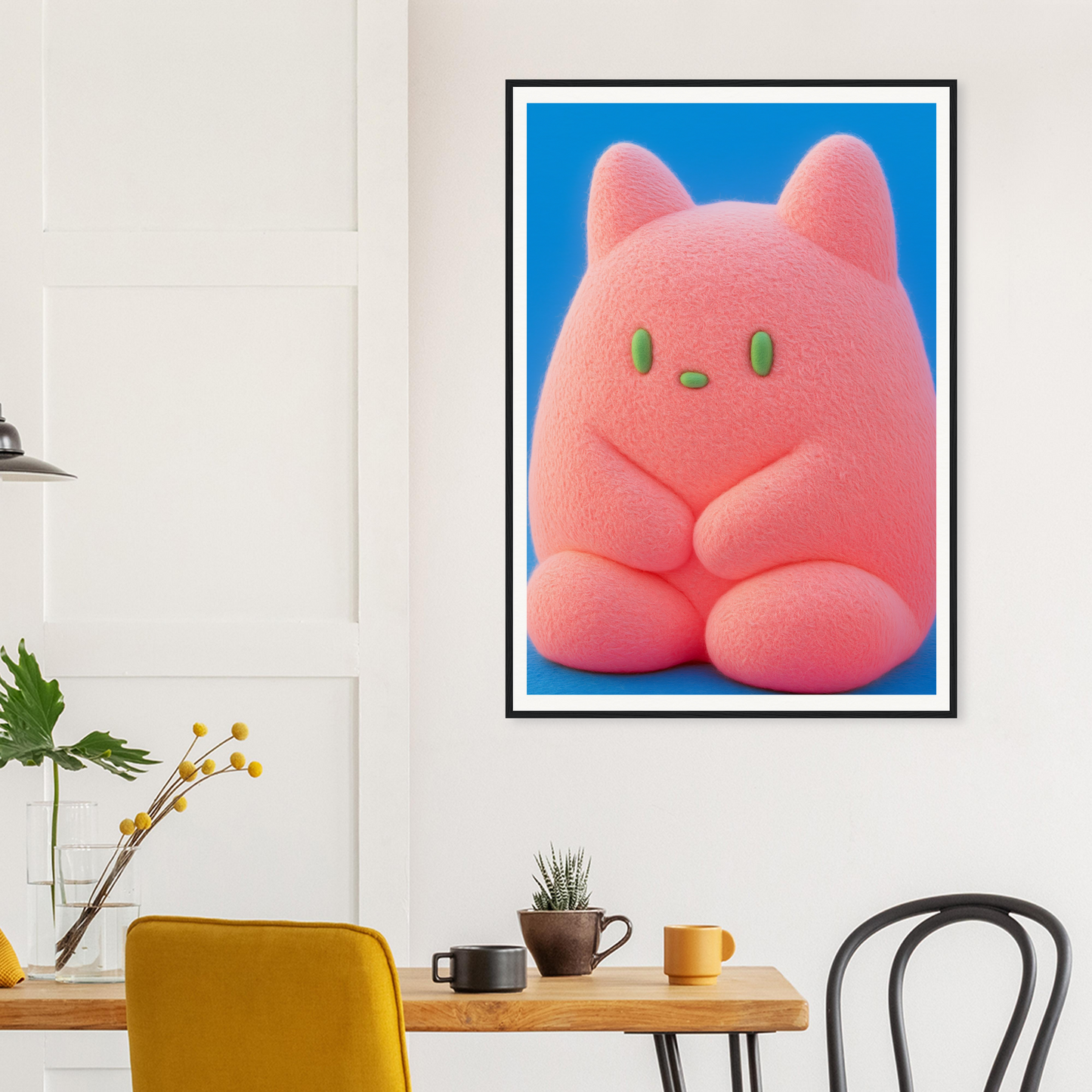 Plush Pink Cosmos wall art with a whimsical character in a modern dining room setting, enhancing home decor style.