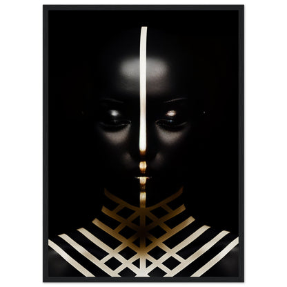 Striking portrait featuring a dark silhouette with glowing eyes and geometric gold and white patterns.