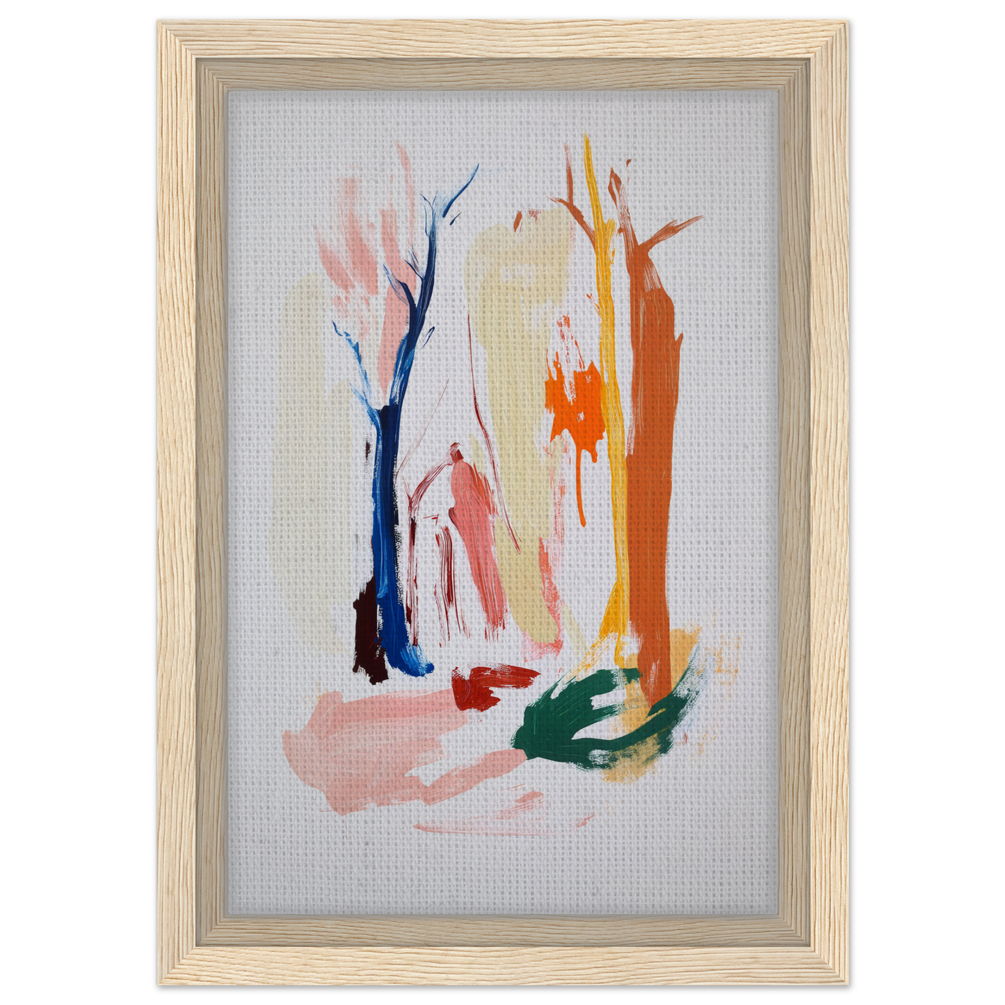 Abstract painting with colorful brushstrokes in light wood frame for Psilocynic Tree Whisper