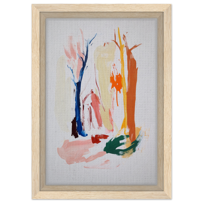 Abstract painting with colorful brushstrokes in light wood frame for Psilocynic Tree Whisper