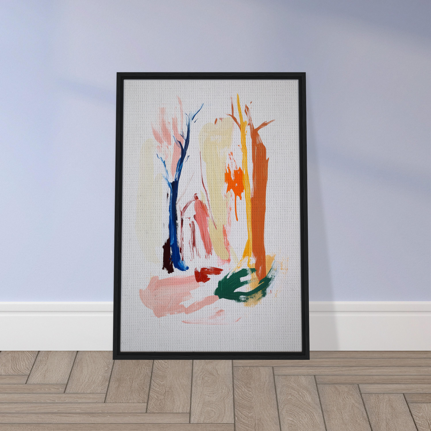 Framed abstract painting with colorful vertical brushstrokes for Psilocynic Tree Whisper room decor