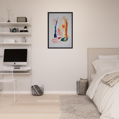 Colorful abstract painting in black frame, Psilocynic Tree Whisper on white wall