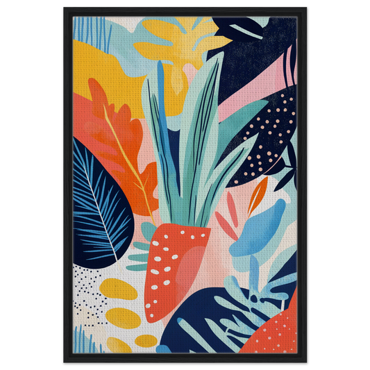 Colorful abstract floral and leaf pattern in a black frame for Psychedelic Flora Dance