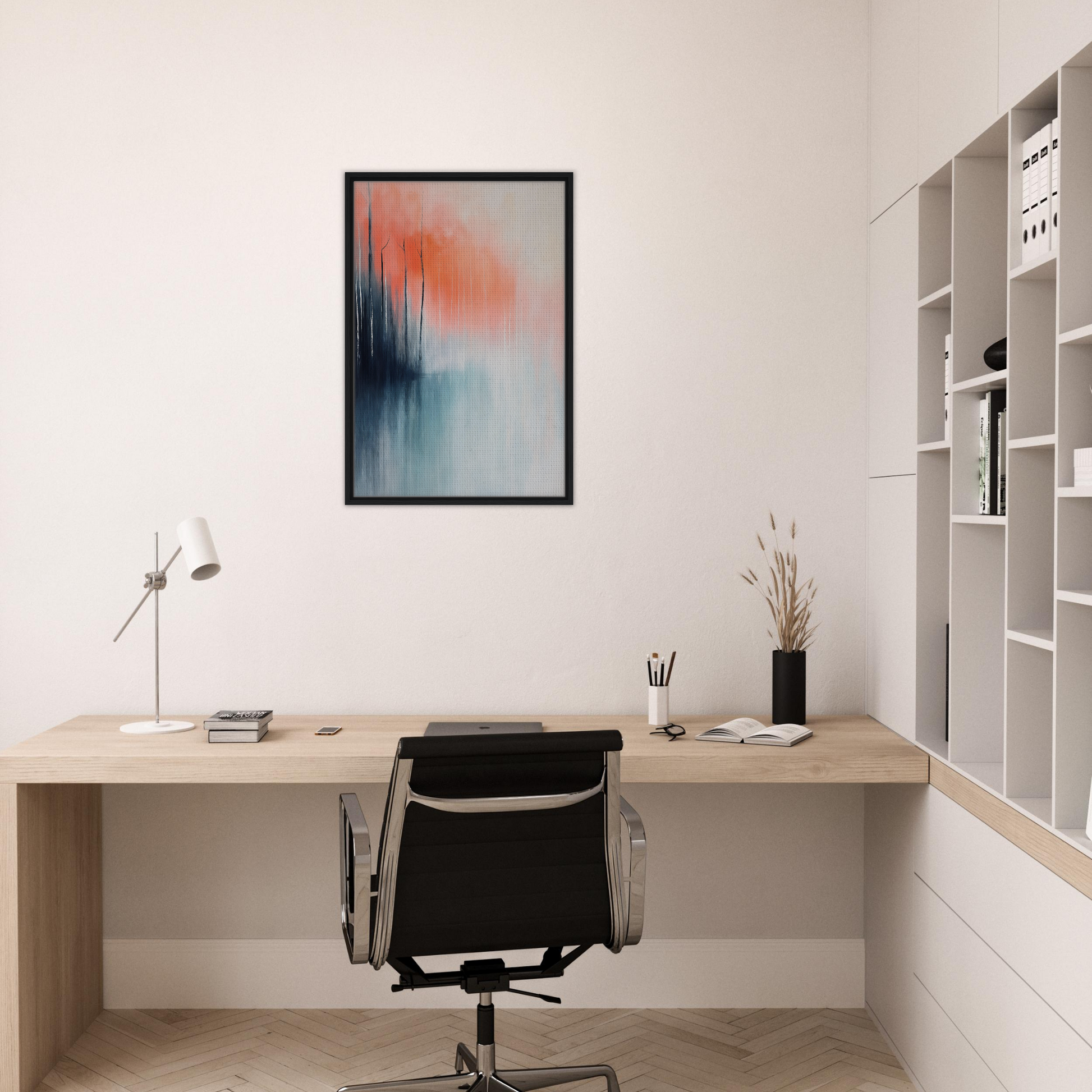 Minimalist home office desk with a modern chair from Psychedelic Forest Revelations