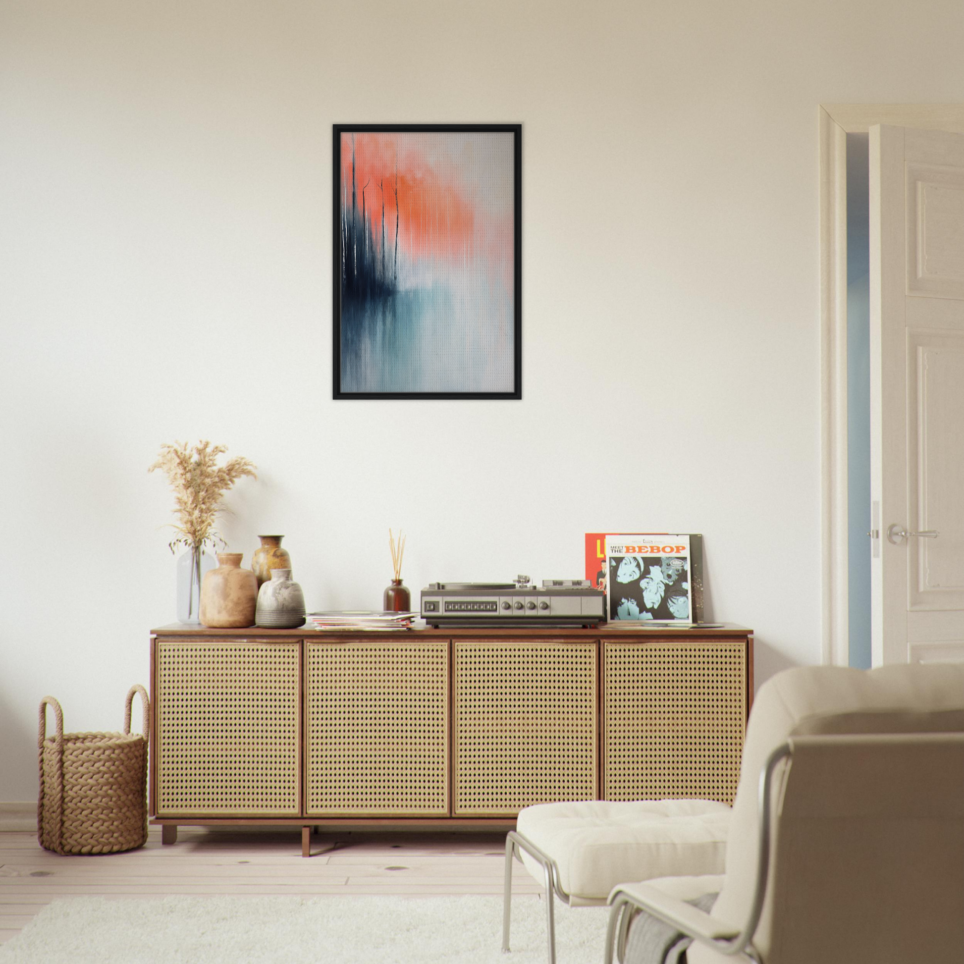 Wooden sideboard with cane-webbed doors in Psychedelic Forest Revelations room decor