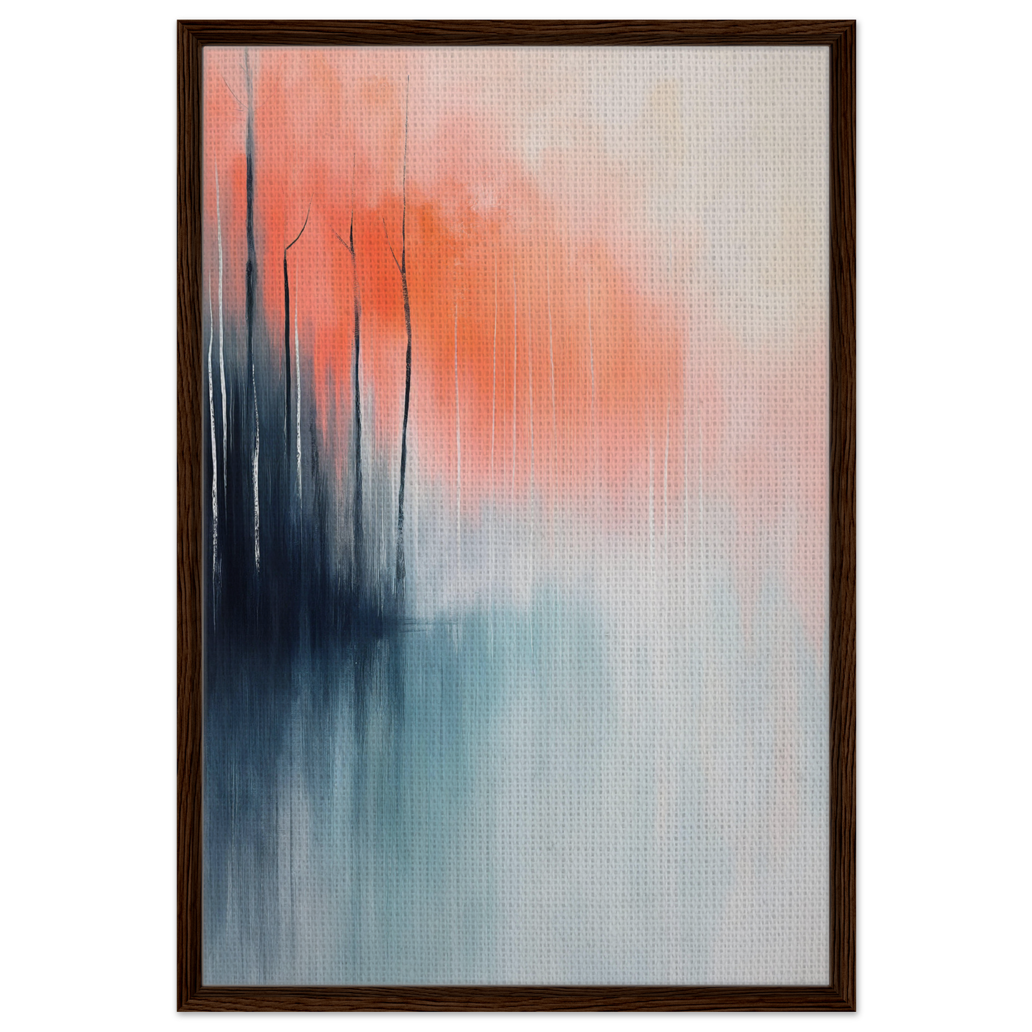 Abstract painting of blended coral and blue tones in Psychedelic Forest Revelations framed canvas print