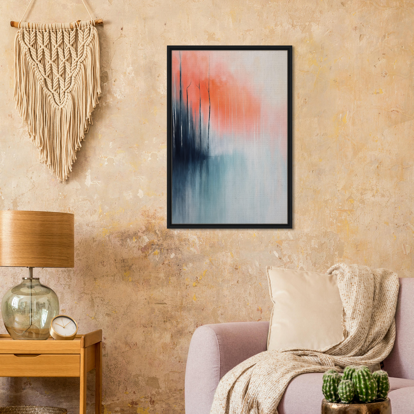 Framed abstract painting in orange, blue, and white for Psychedelic Forest Revelations room decor