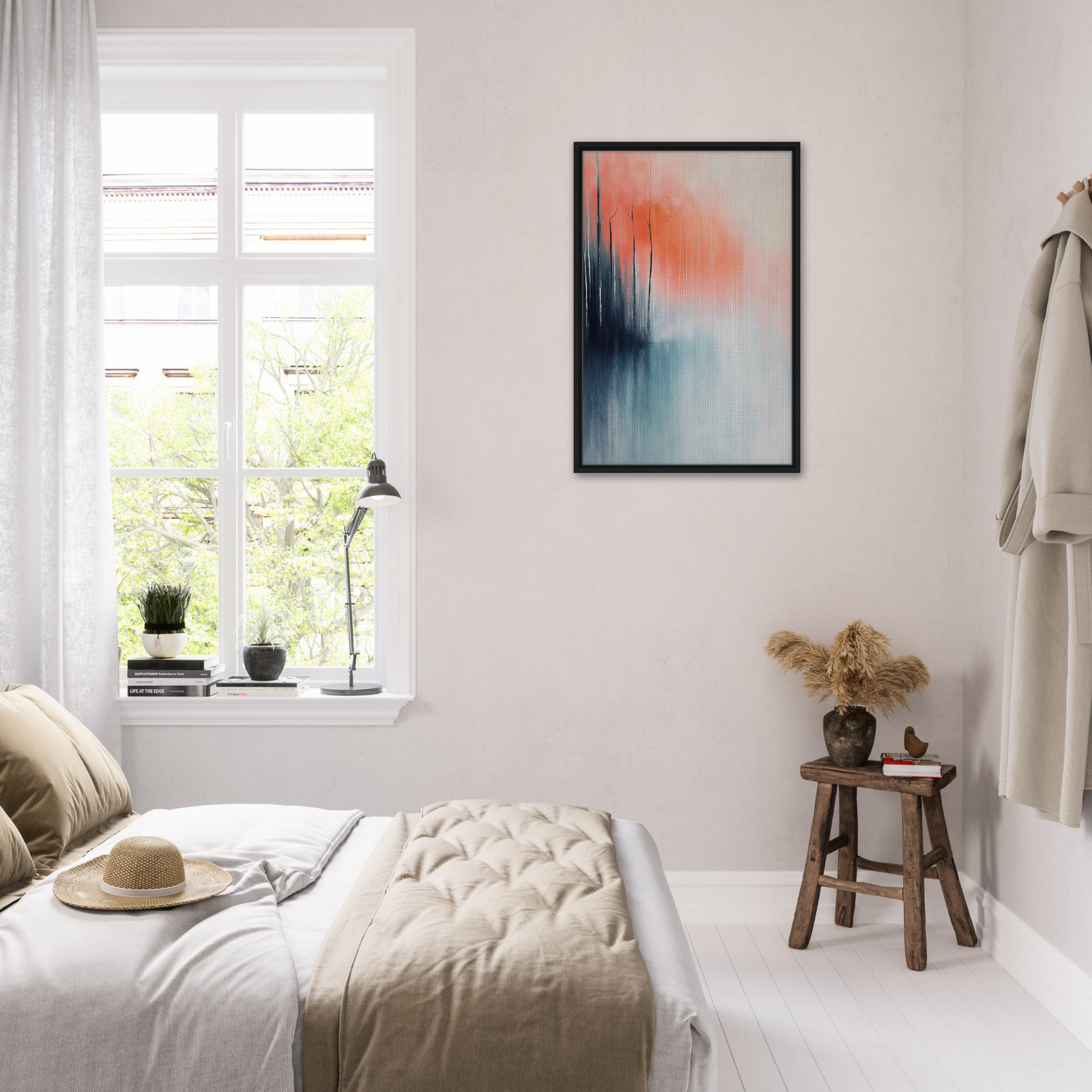 Bright, airy bedroom featuring a Framed Canvas Print of Psychedelic Forest Revelations