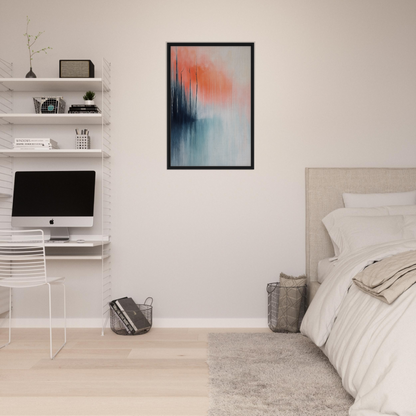 Modern bedroom with minimalist decor showcasing Psychedelic Forest Revelations artwork