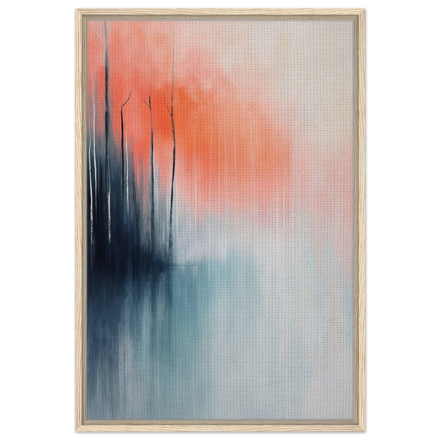 Abstract painting with coral, navy, and pale blue streaks for Psychedelic Forest Revelations