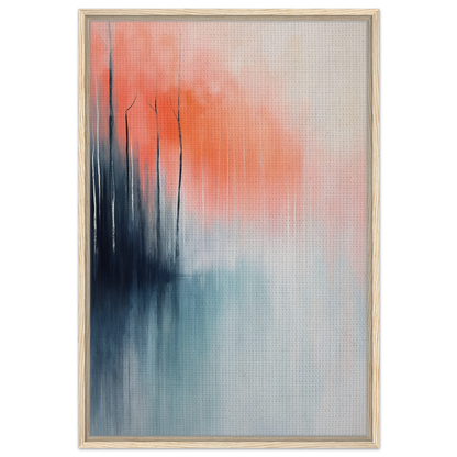 Abstract painting with coral, navy, and pale blue streaks for Psychedelic Forest Revelations