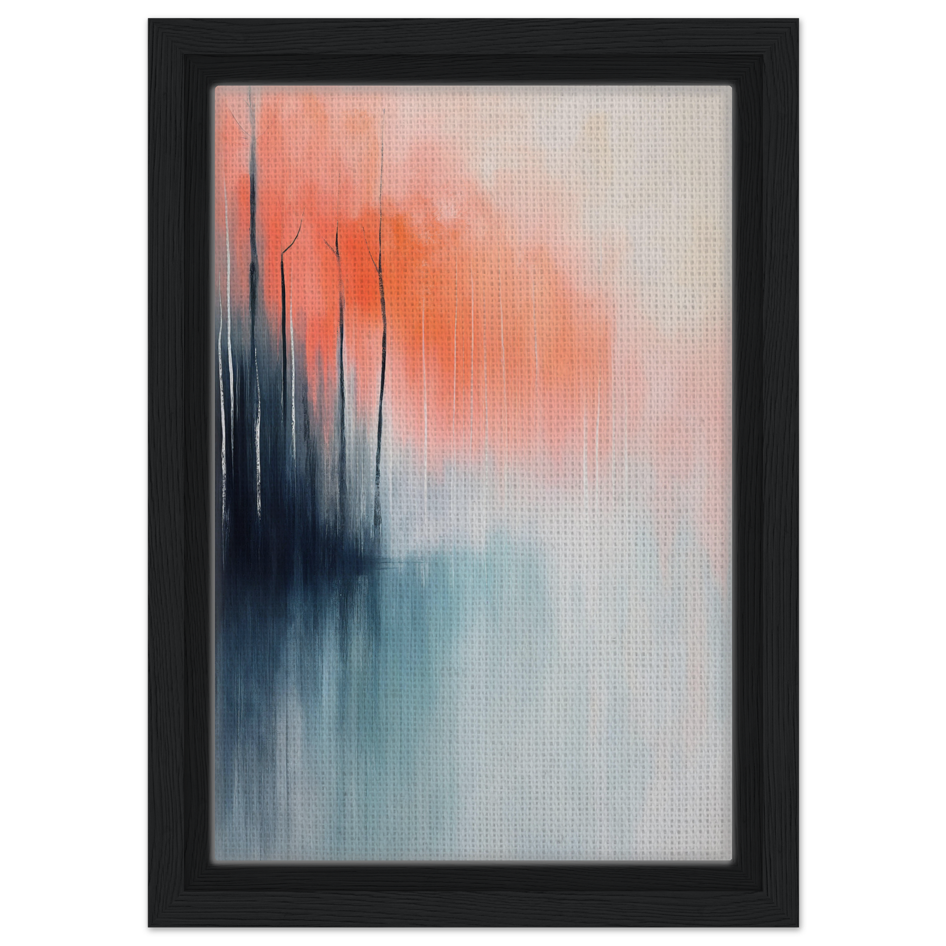 Abstract painting with vertical lines on a coral and blue background, Psychedelic Forest Revelations