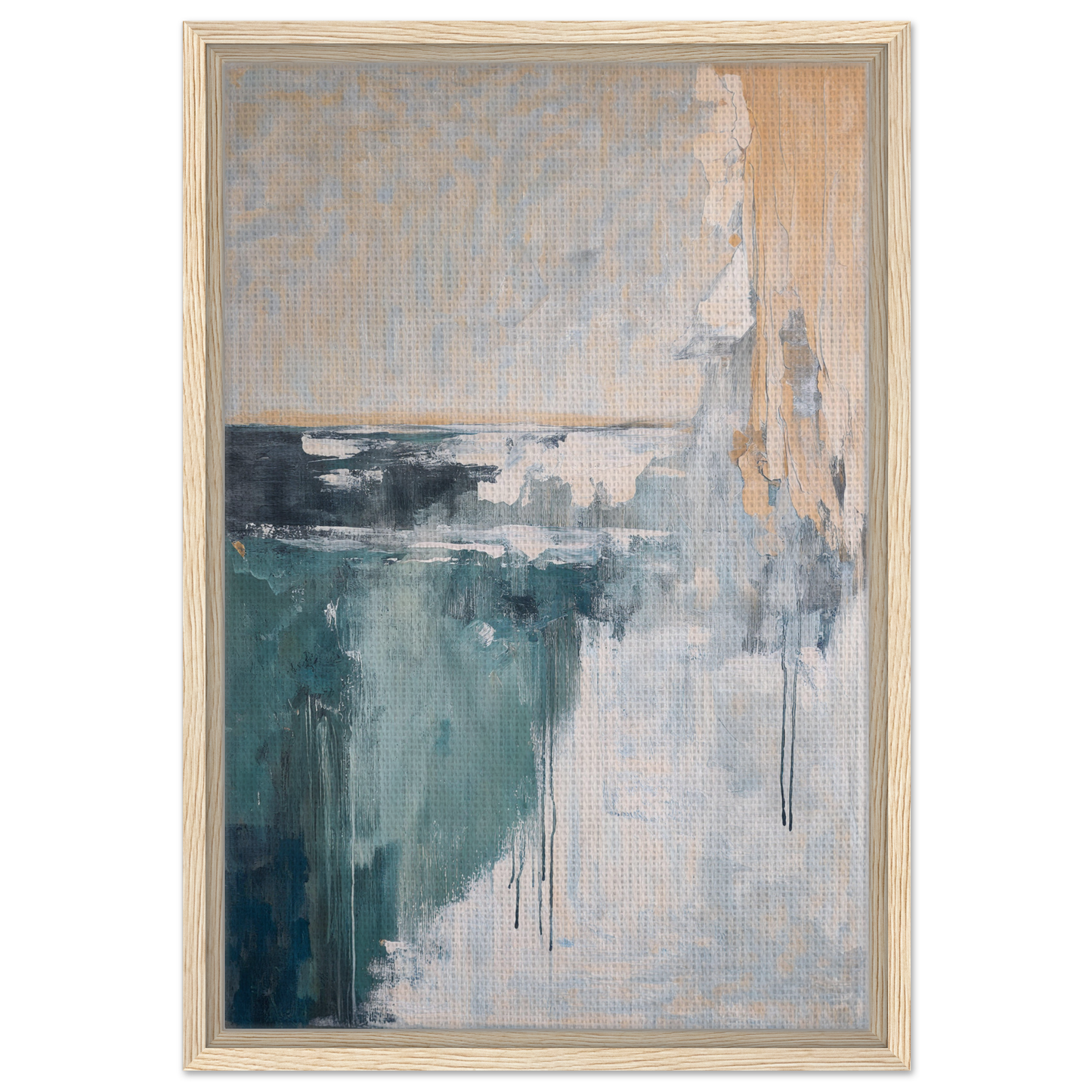 Abstract painting of muted teal and gray tones in Psychedelic Sea Breaths framed canvas print