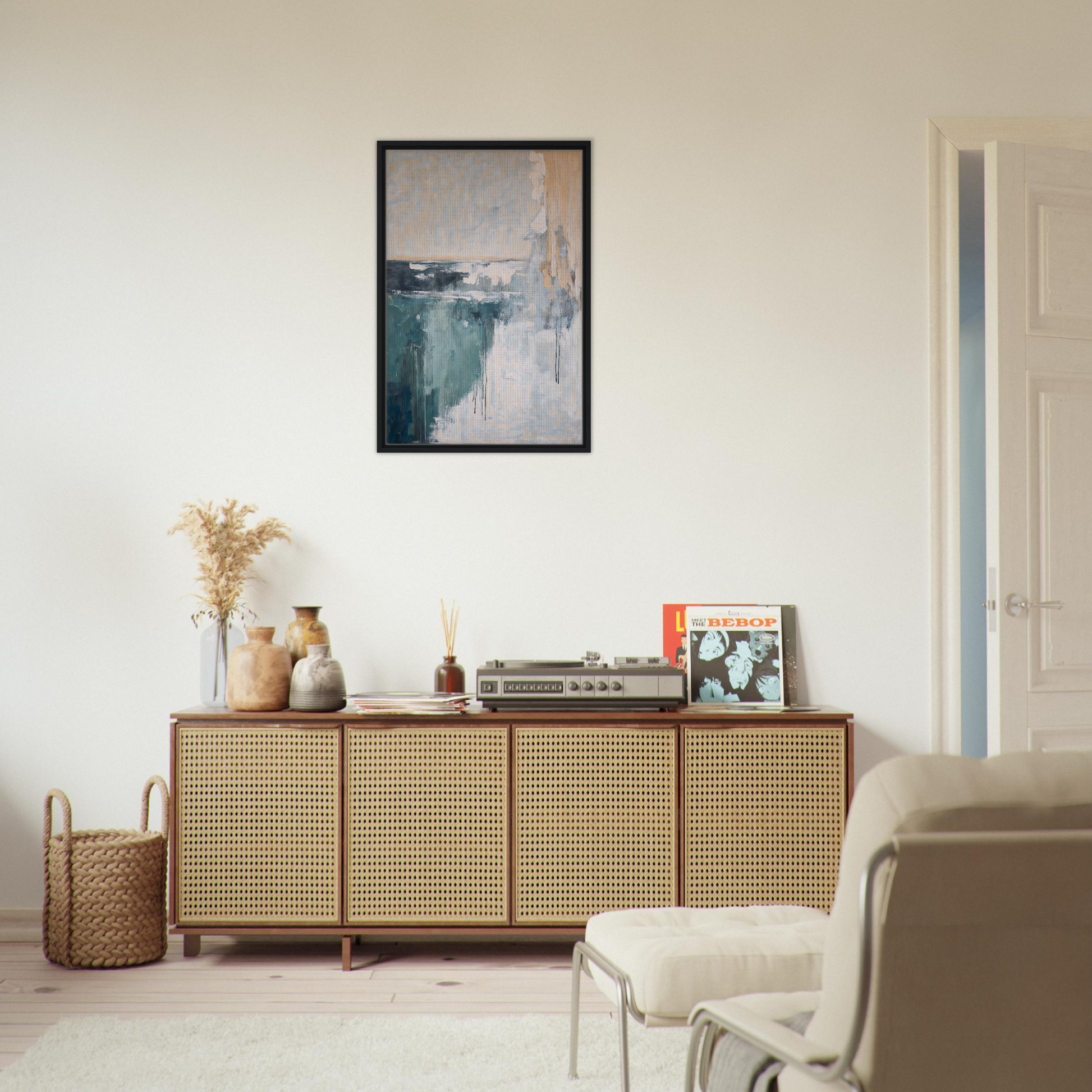 Wooden sideboard with cane-webbed doors and decor, ideal for Psychedelic Sea Breaths room decor