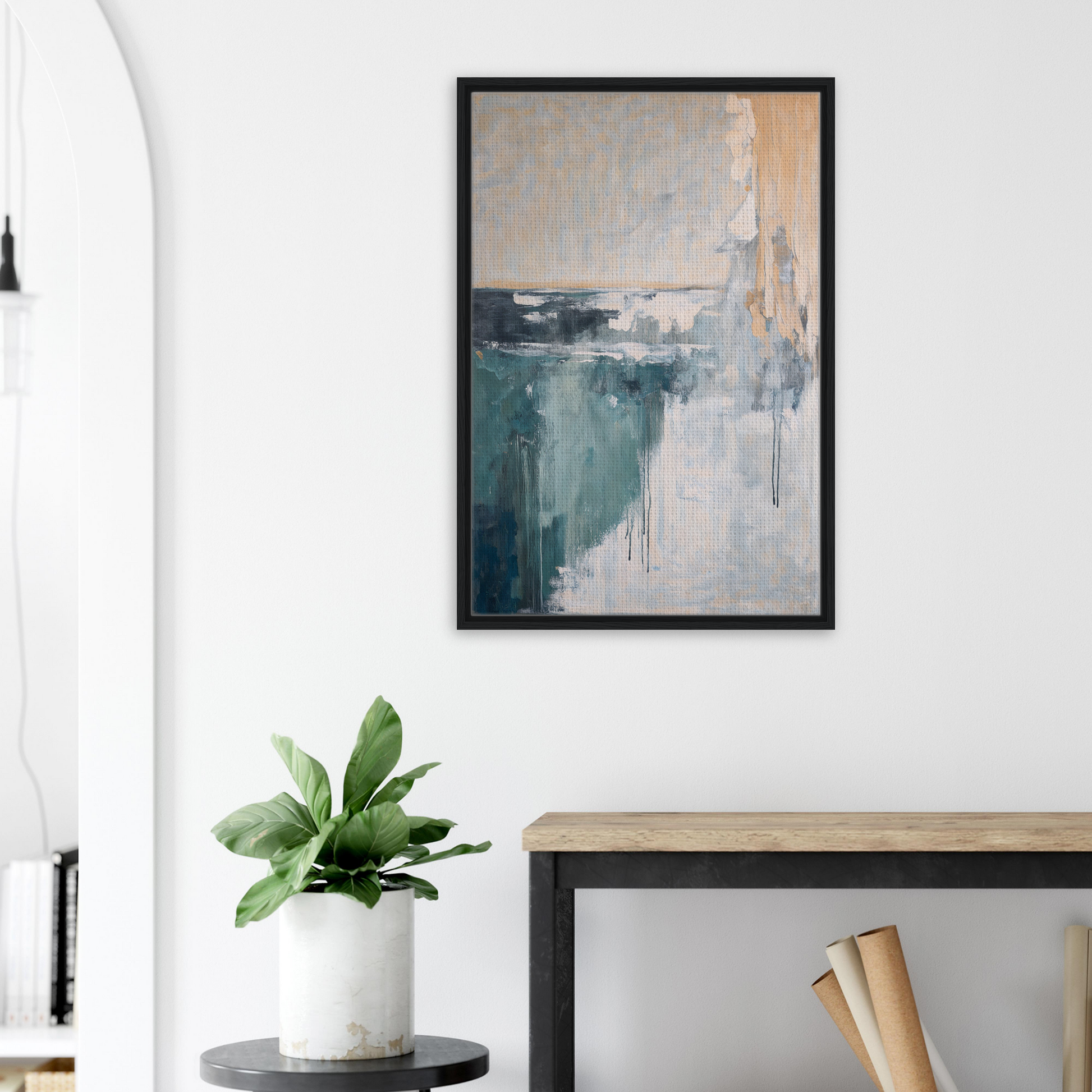 Abstract painting in muted teal, white, and gray tones for Psychedelic Sea Breaths room decor