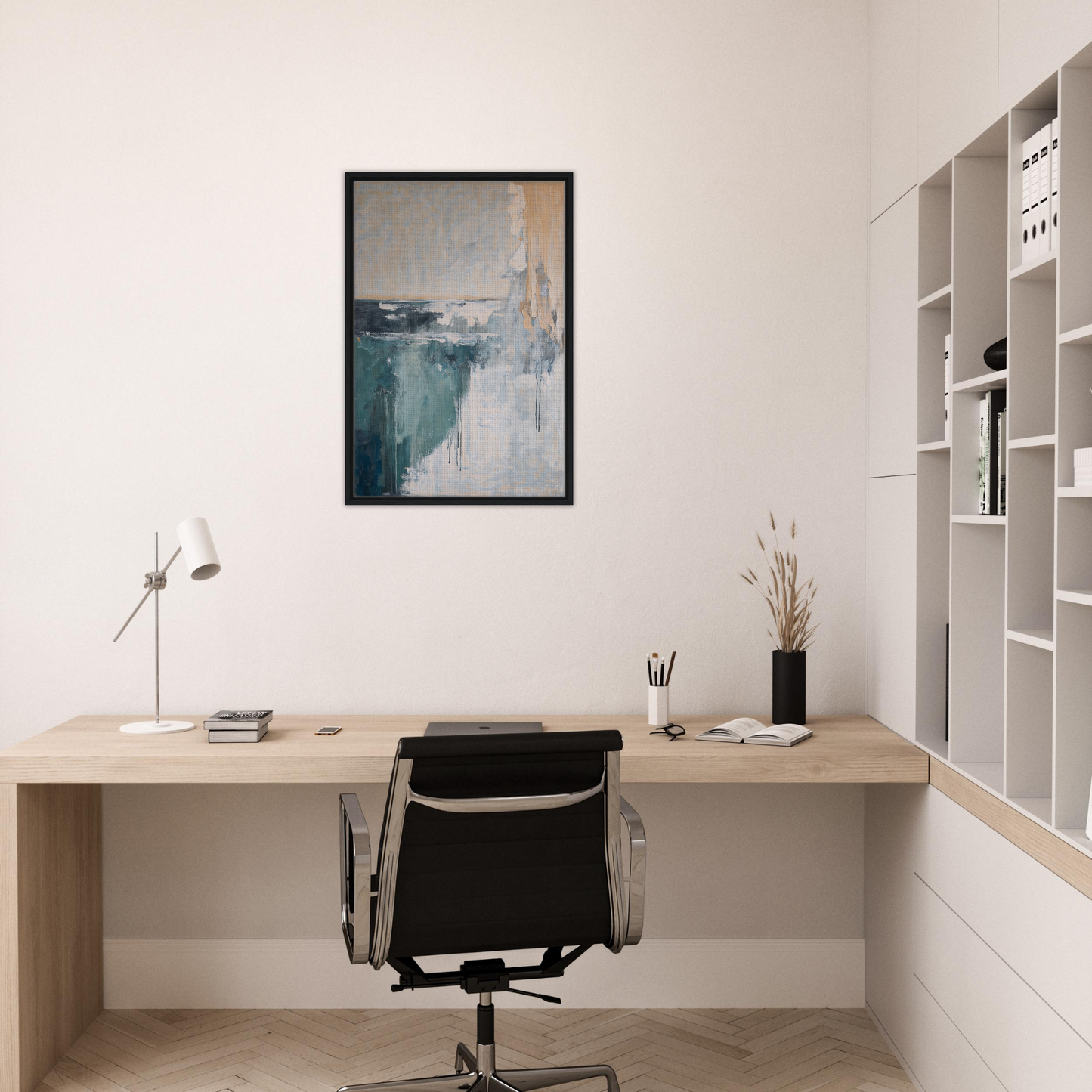 Minimalist home office with wooden desk, black chair, and Psychedelic Sea Breaths art