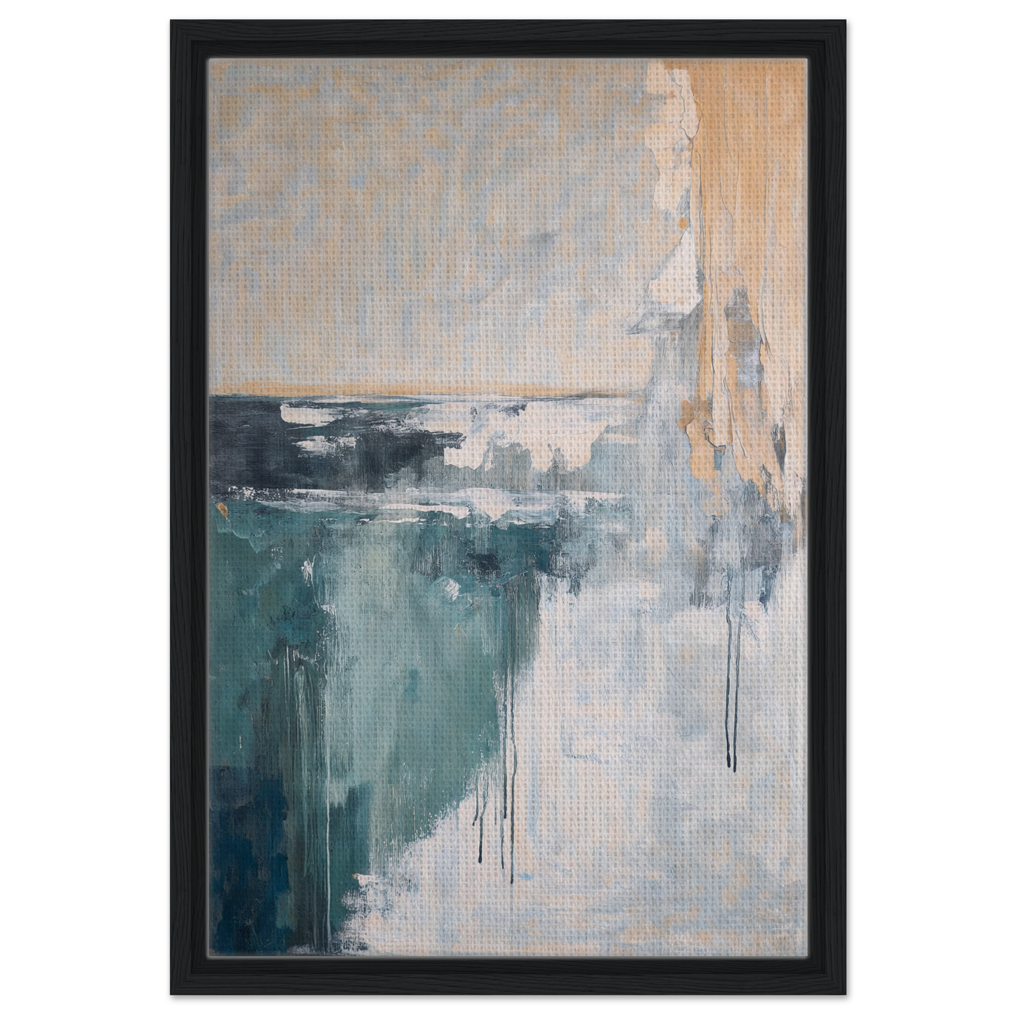 Abstract painting in muted teal, gray, and beige for Psychedelic Sea Breaths room decor