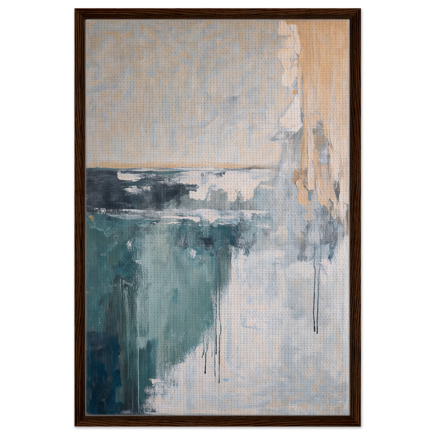 Abstract painting in muted teal, gray, and beige tones for Psychedelic Sea Breaths framed canvas print