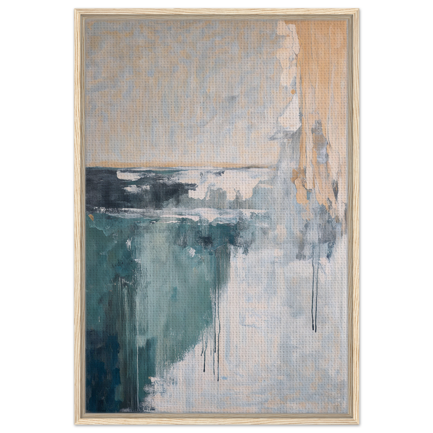 Abstract painting in muted teal, gray, and beige tones for Psychedelic Sea Breaths framed canvas print