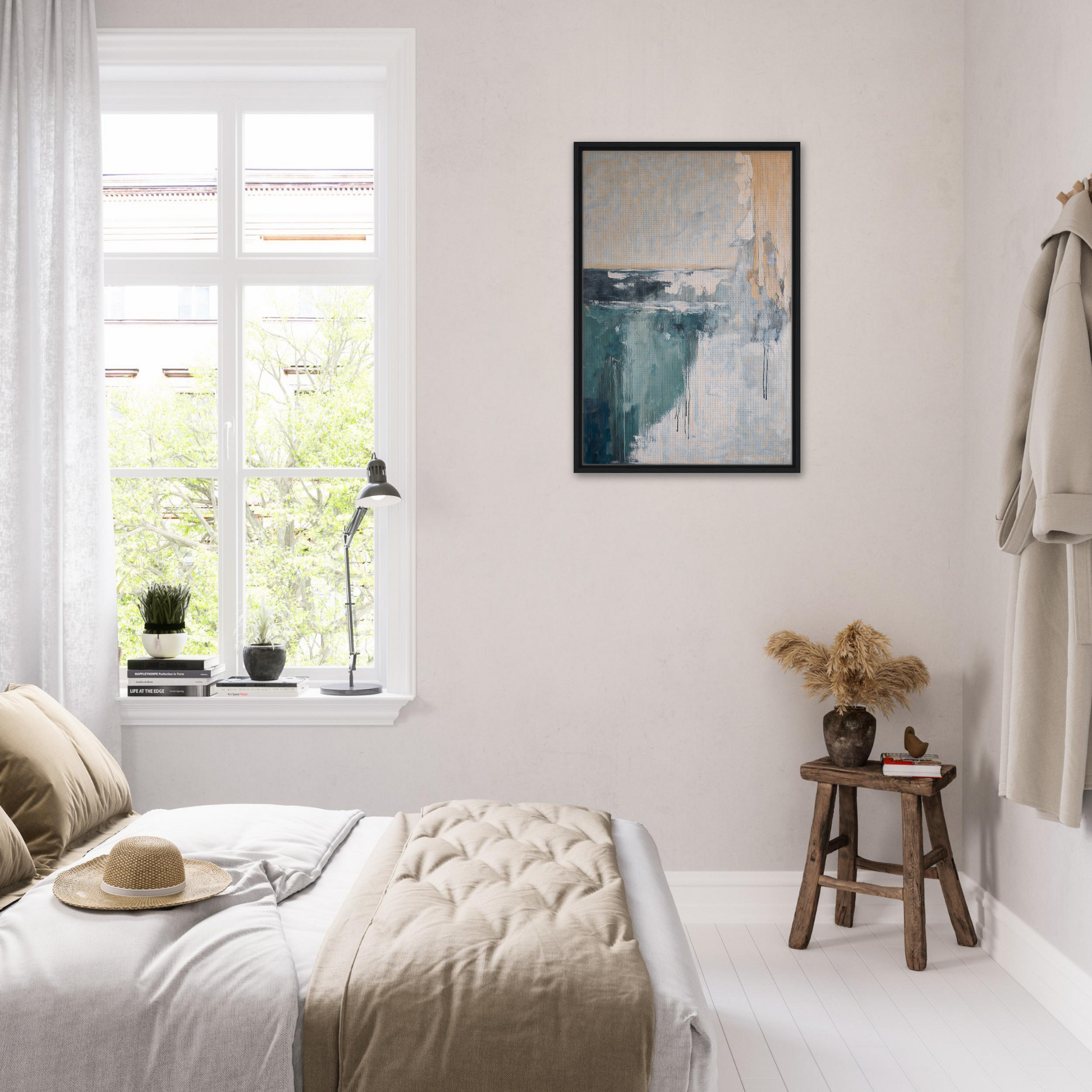 Bright, airy bedroom featuring Framed Canvas Print Psychedelic Sea Breaths in minimalist decor