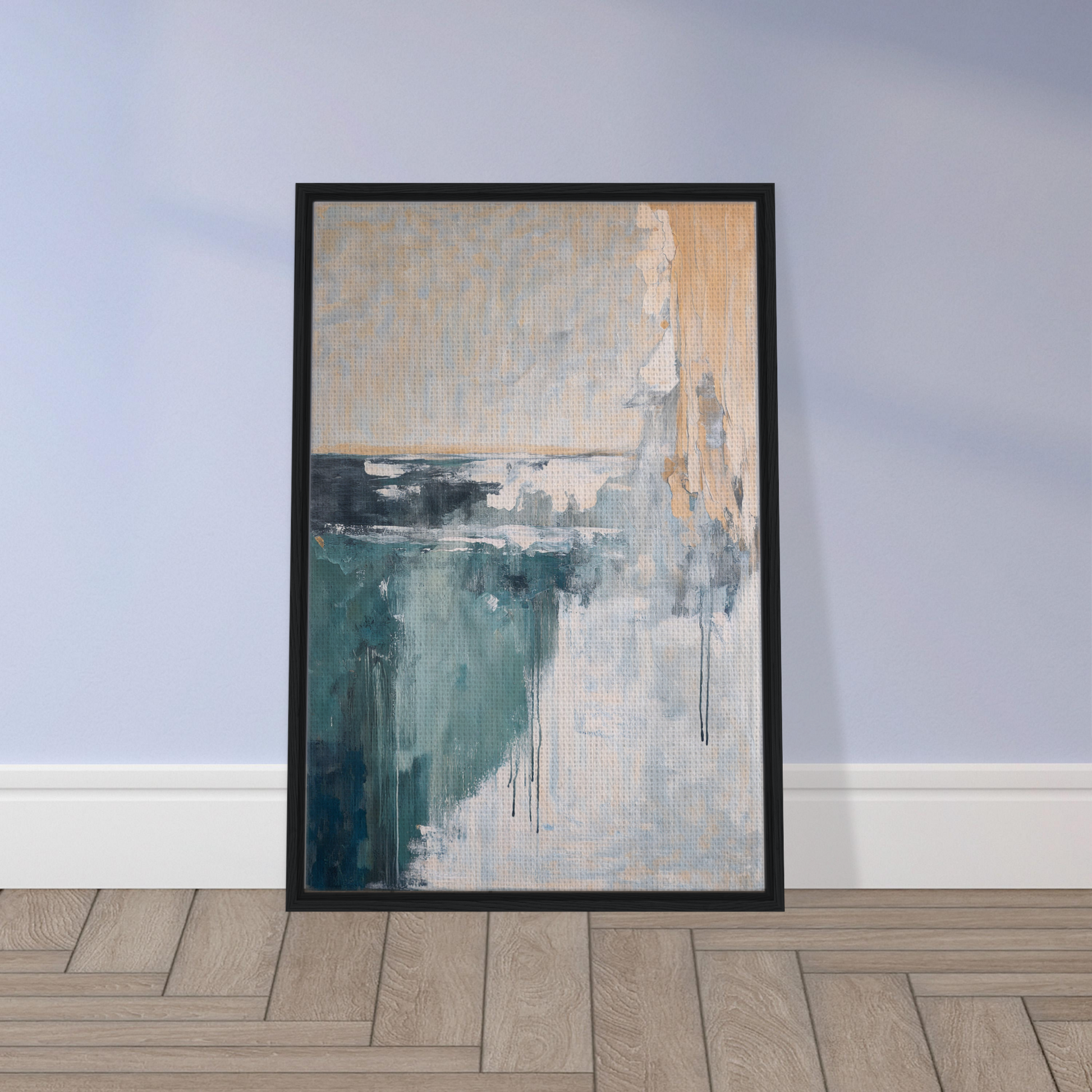 Abstract painting in a black frame with teal and beige hues for Psychedelic Sea Breaths room decor