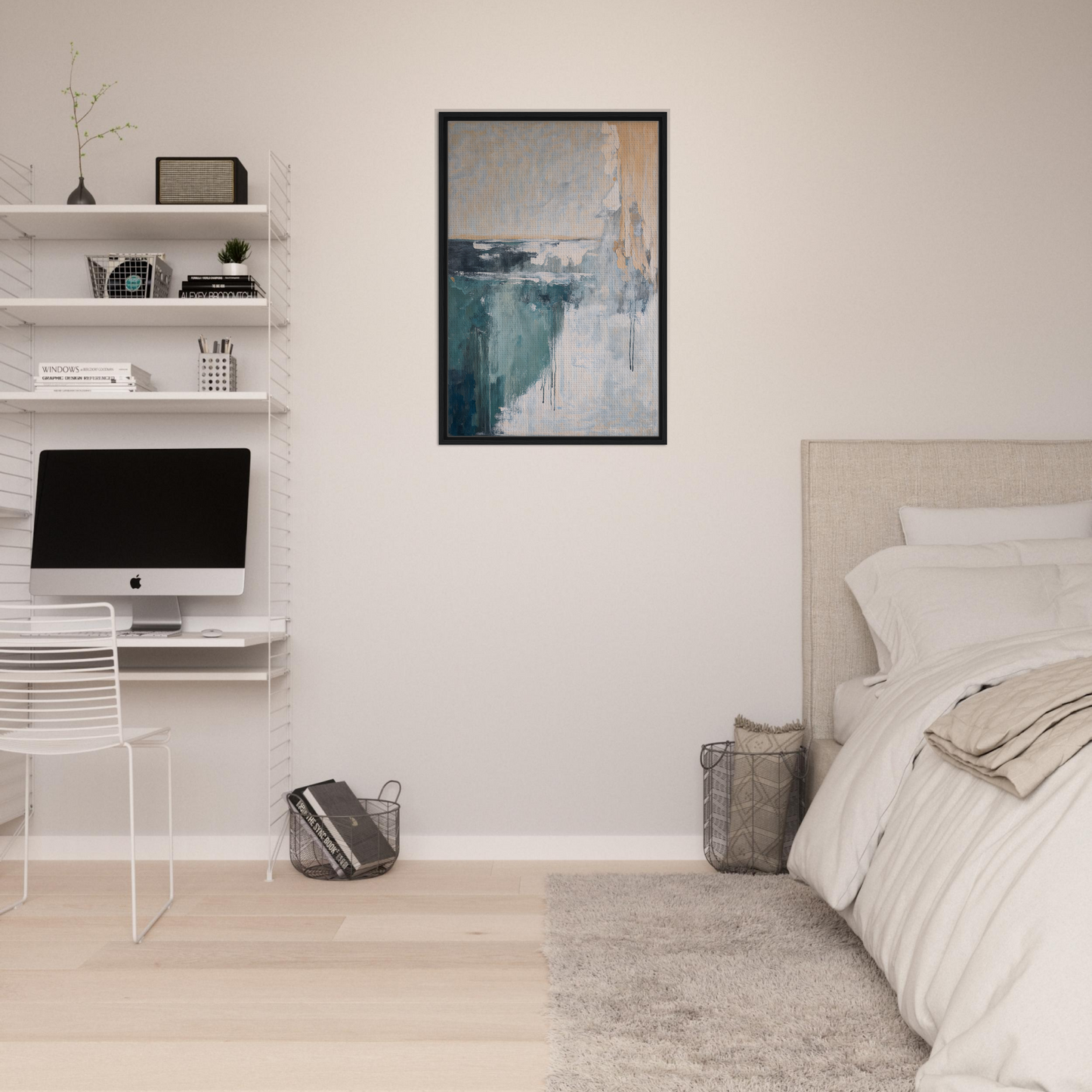 Modern bedroom with framed canvas print, Psychedelic Sea Breaths, and minimalist decor