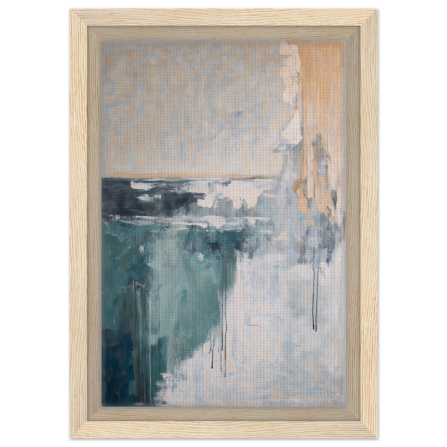 Abstract painting in muted teal, gray, and beige tones, framed canvas print titled Psychedelic Sea Breaths