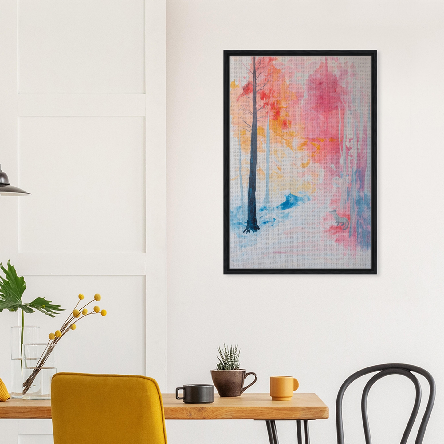 Framed watercolor painting of vibrant forest scene for psychedelic wilderness revelry room decor