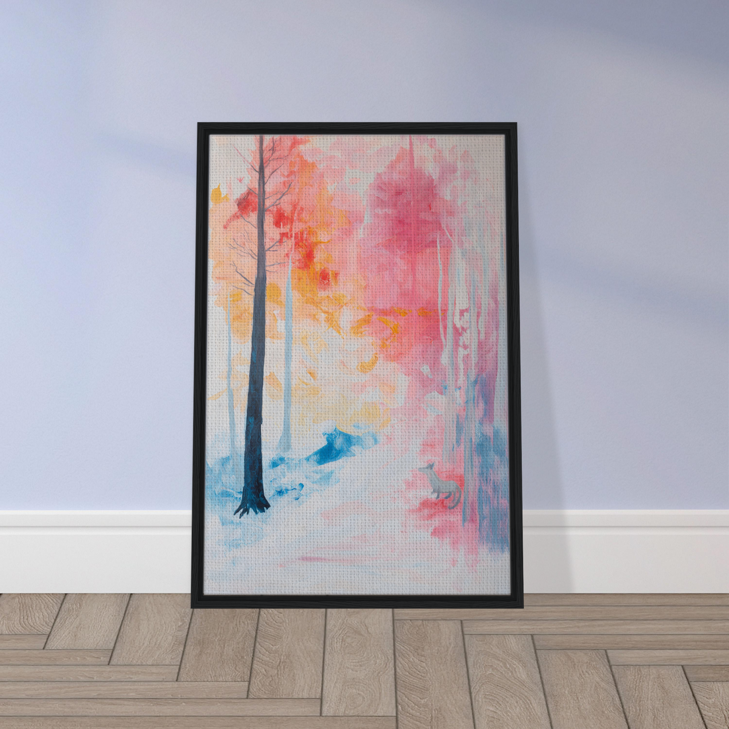 Framed watercolor painting of a colorful abstract forest for wilderness revelry room decor