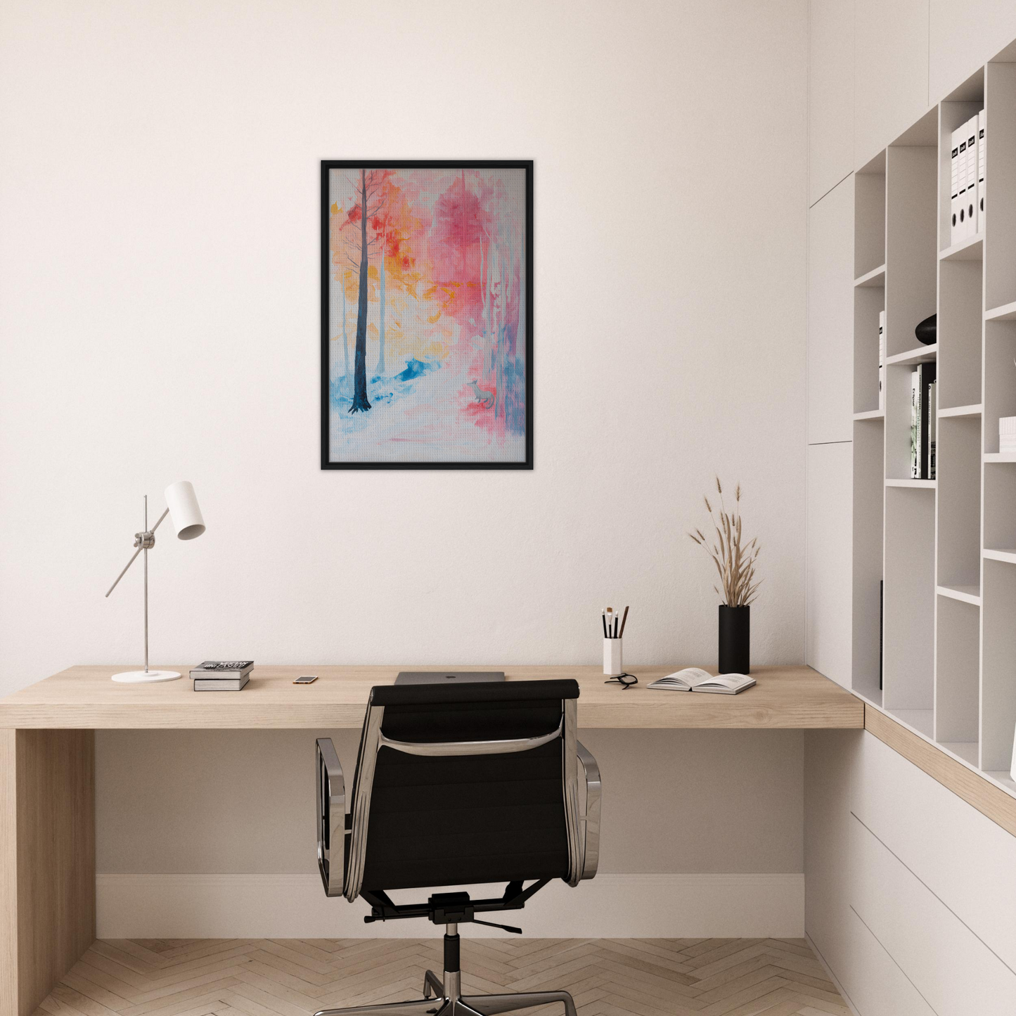 Minimalist home office workspace featuring Wilderness Revelry framed canvas print