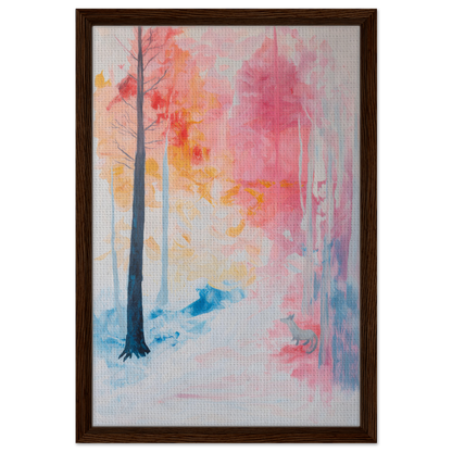 Framed canvas print of a dreamy forest in pink and blue hues from Psychedelic Wilderness Revelry