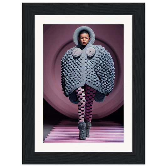 Avant-garde gray knitted coat with oversized circular patterns and a fur-trimmed hood.