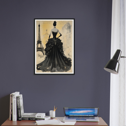 Purple wall with a painting of a woman in a black dress