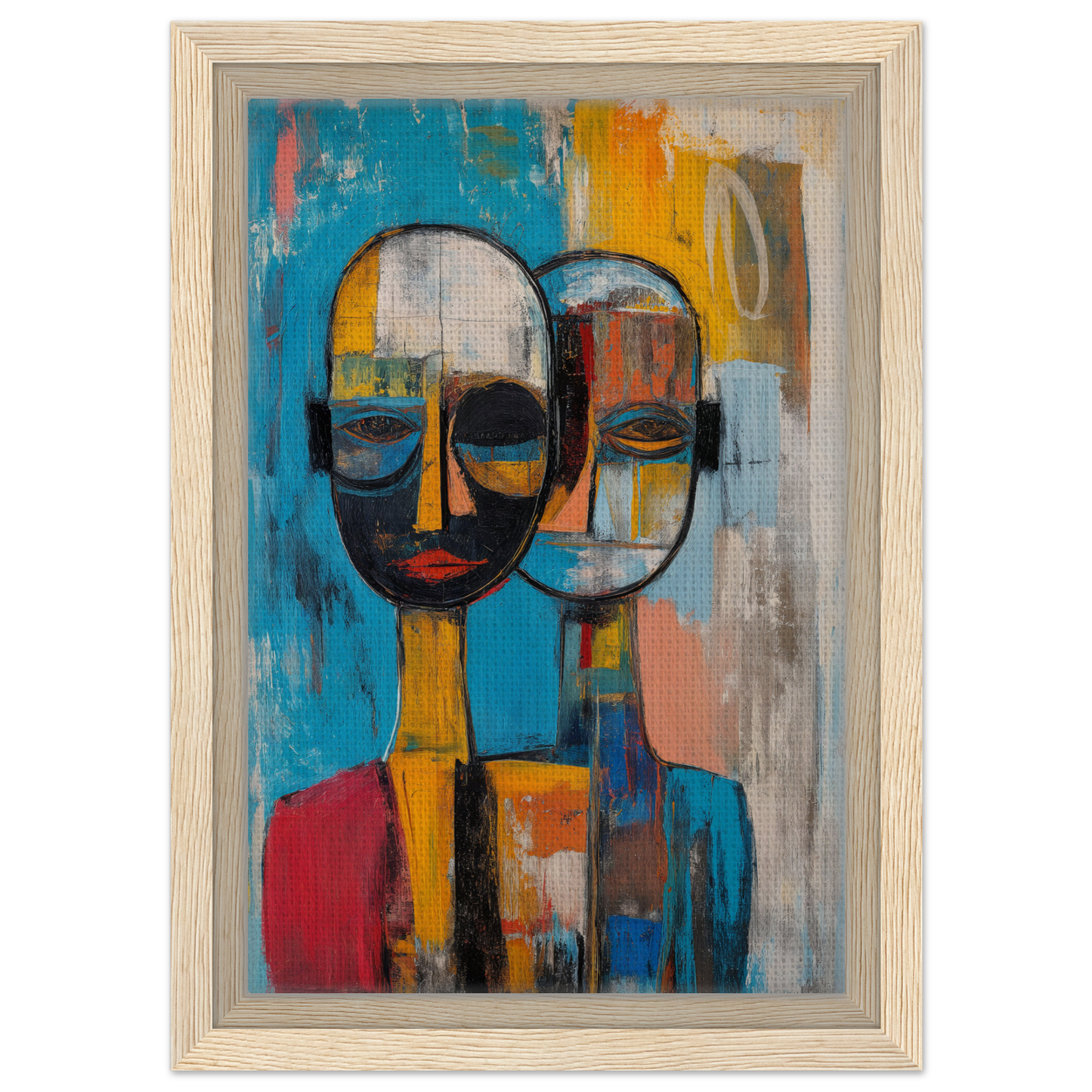 Abstract painting of stylized faces with elongated necks for Quantum Twin Murmurs room decor