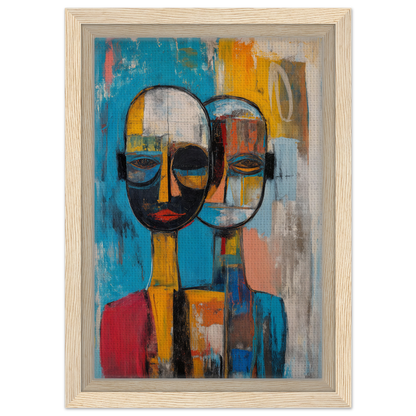 Abstract painting of stylized faces with elongated necks for Quantum Twin Murmurs room decor