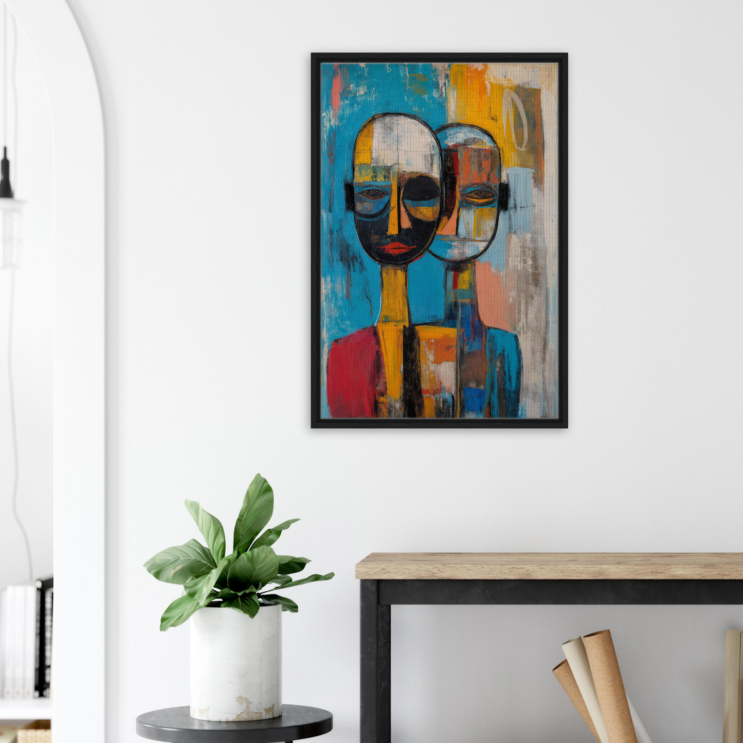 Abstract painting featuring two vibrant stylized faces, perfect for Quantum Twin Murmurs room decor