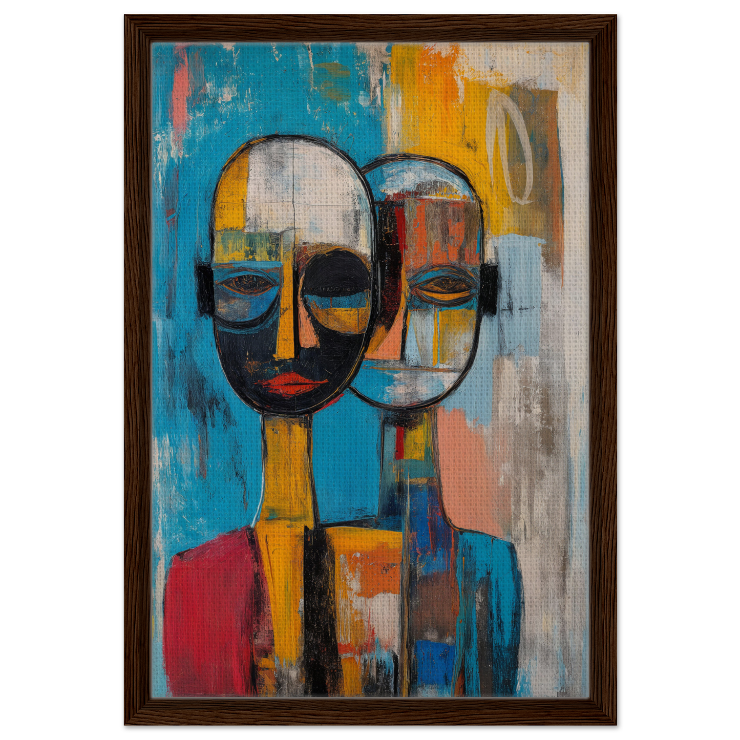 Abstract painting of stylized faces with elongated necks in Quantum Twin Murmurs decor