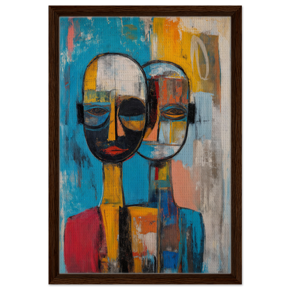 Abstract painting of stylized faces with elongated necks in Quantum Twin Murmurs decor