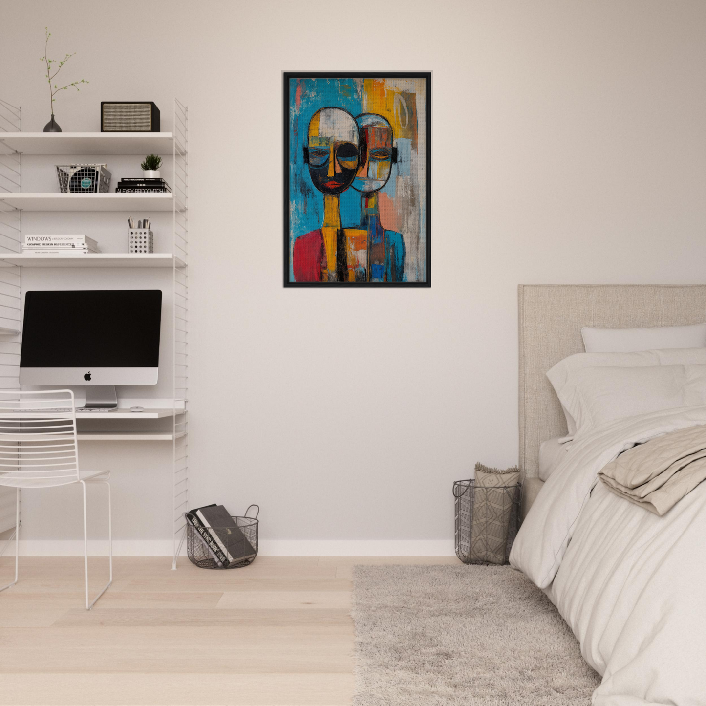 Modern bedroom with minimalist decor and Quantum Twin Murmurs abstract portrait painting