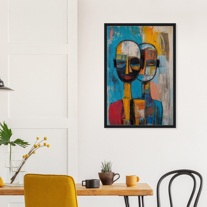 Abstract painting of two vibrant faces, Quantum Twin Murmurs, ideal for room decor