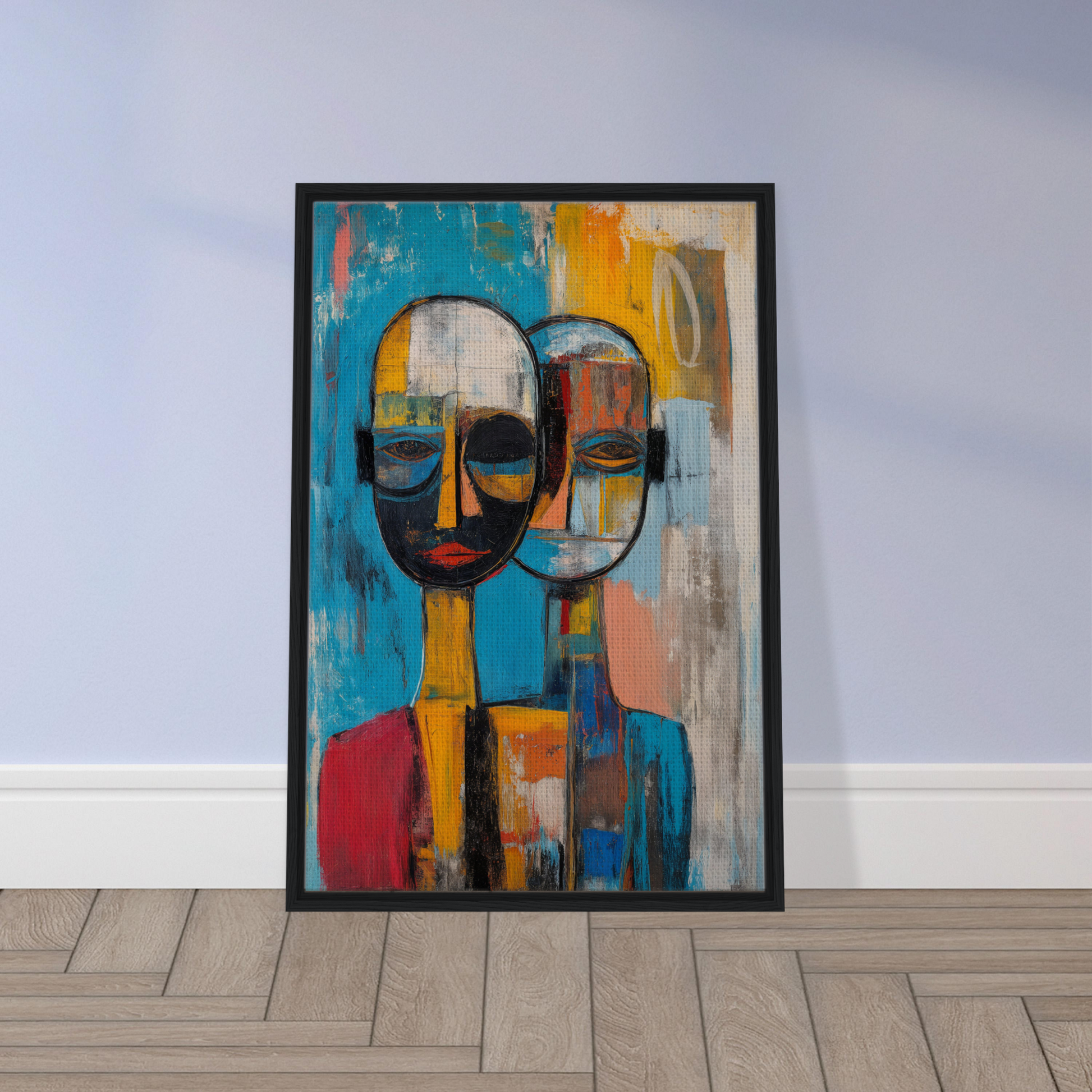 Abstract painting of two stylized faces in a black frame for Quantum Twin Murmurs room decor