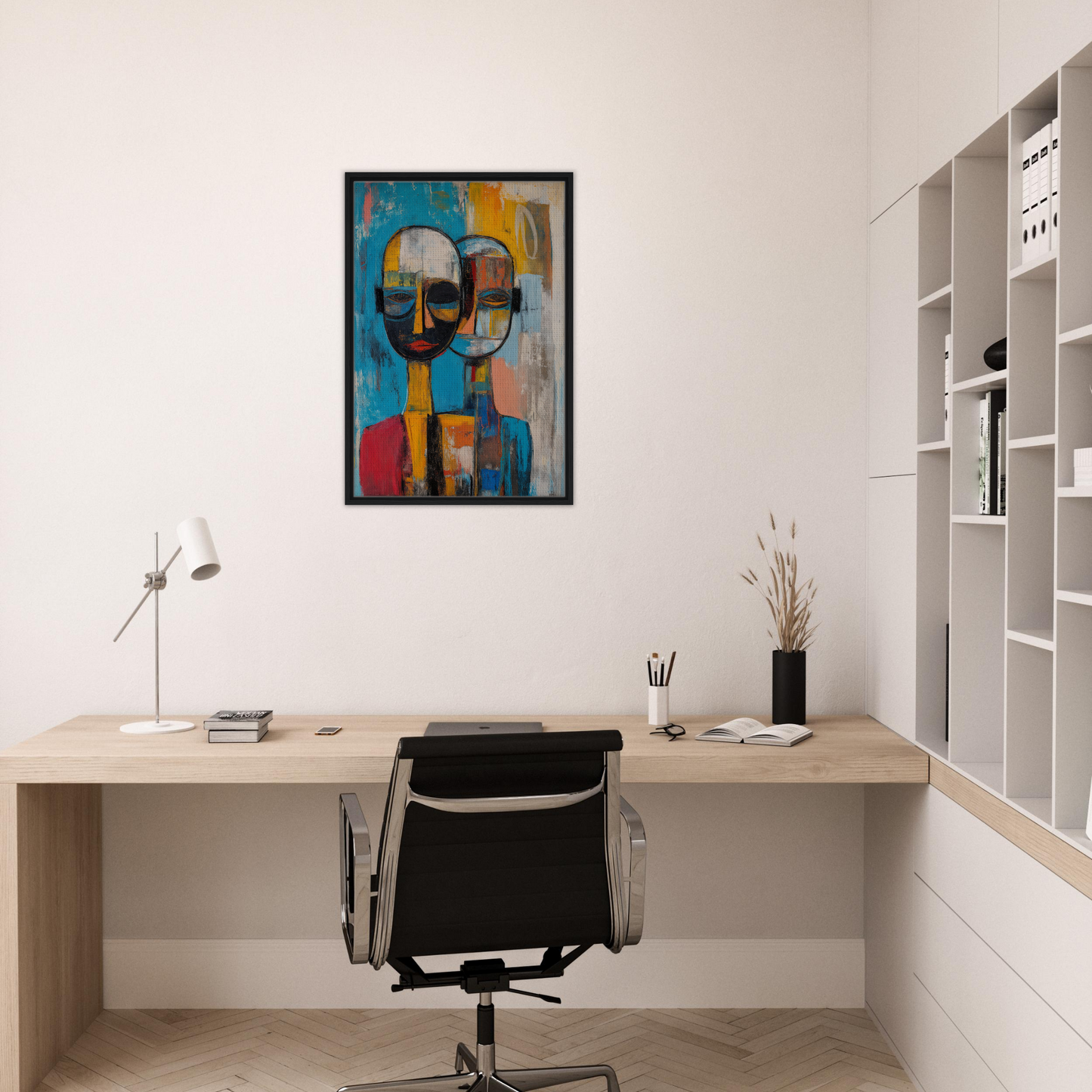 Abstract portrait painting with vibrant colors in Quantum Twin Murmurs room decor