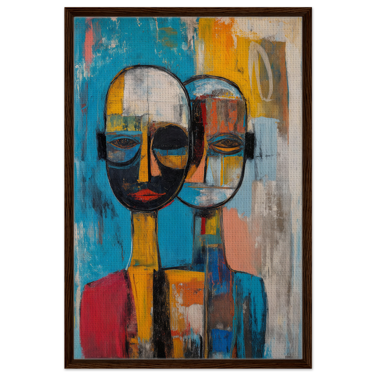 Abstract painting of merged faces in bold colors, ideal for Quantum Twin Murmurs room decor