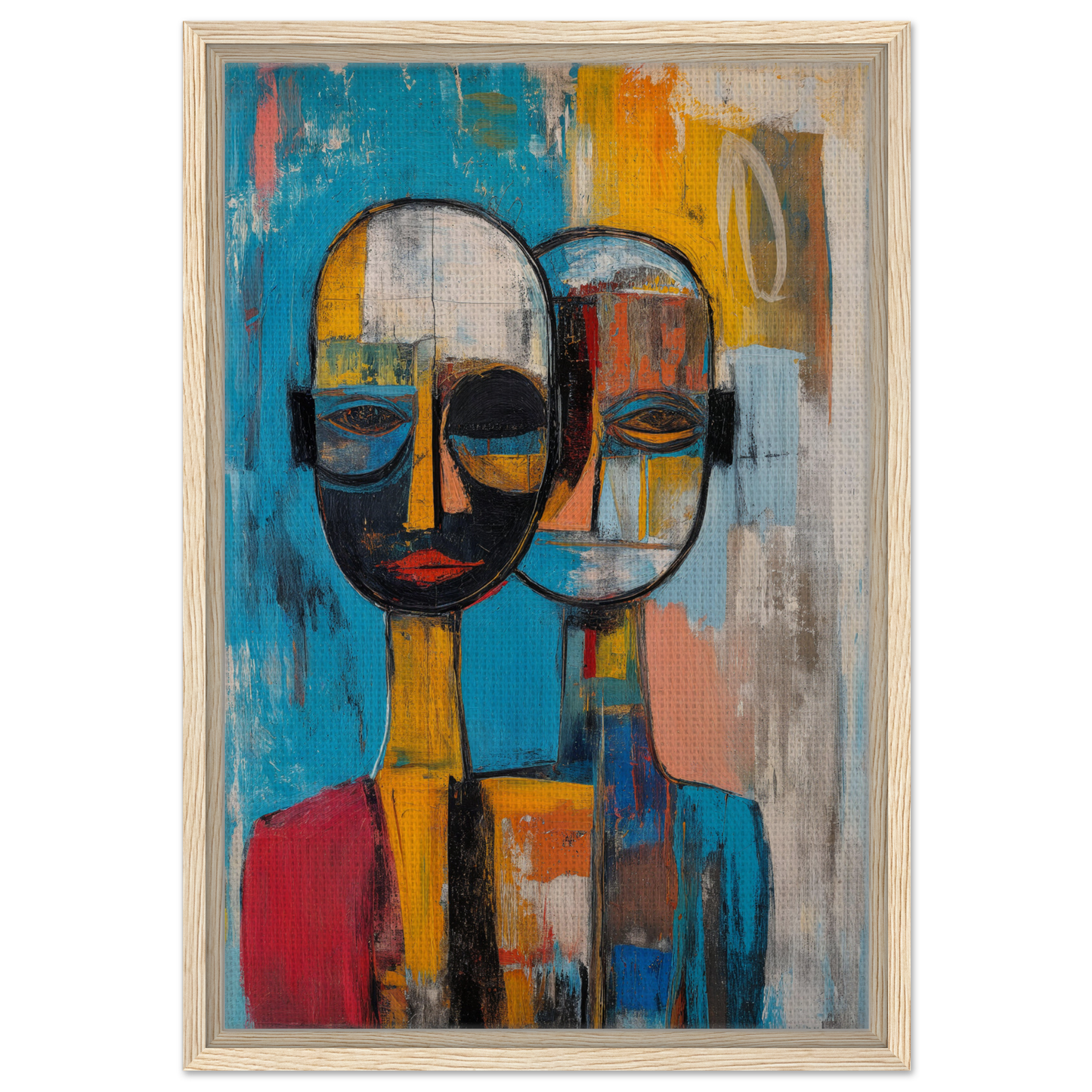 Abstract painting of merged faces in vibrant colors from Quantum Twin Murmurs framed canvas print